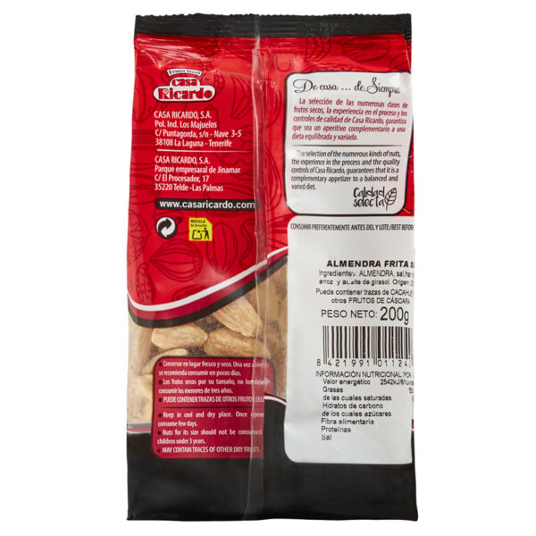 Almendra frita con sal. Envase 200gr.