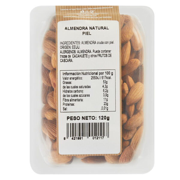 Almendra natural piel. Envase de 120gr.