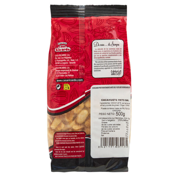 Cacahuetes fritos repelados con sal. Envase 500gr.