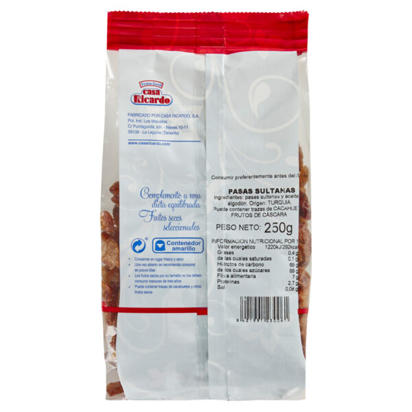 Pasas sultanas. Envase 250gr.