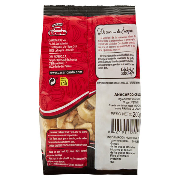 Anacardos crudos. Envase 200gr.