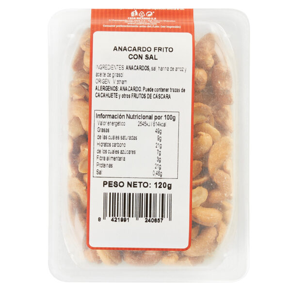 Anacardo Frito con Sal. Envase de 120gr.