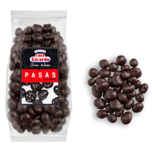 Grageas de pasa con cobertura de chocolate. Envase 200gr.